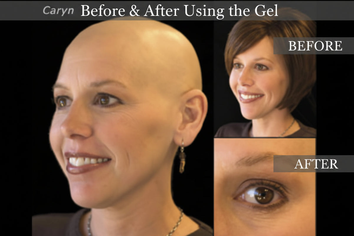 Before-and-after style comparison collage showing a woman's face and eye area, with the name 'Caryn' in the top left. The left side shows a bald woman, and the right side shows a woman with short brown hair and a visible lash lift/eyebrow treatment result. After using Brian Joseph's Lash and Brow Conditioning Gel