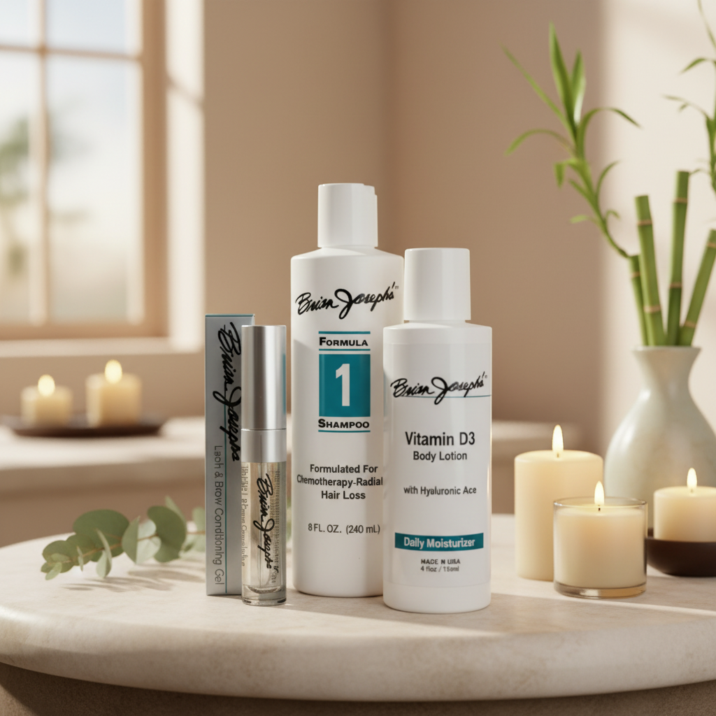 Bottle of Brian Joseph's Formula 1 shampoo with Brian Joseph's ash & Brow Gel and Vitamin D3 Body lotion